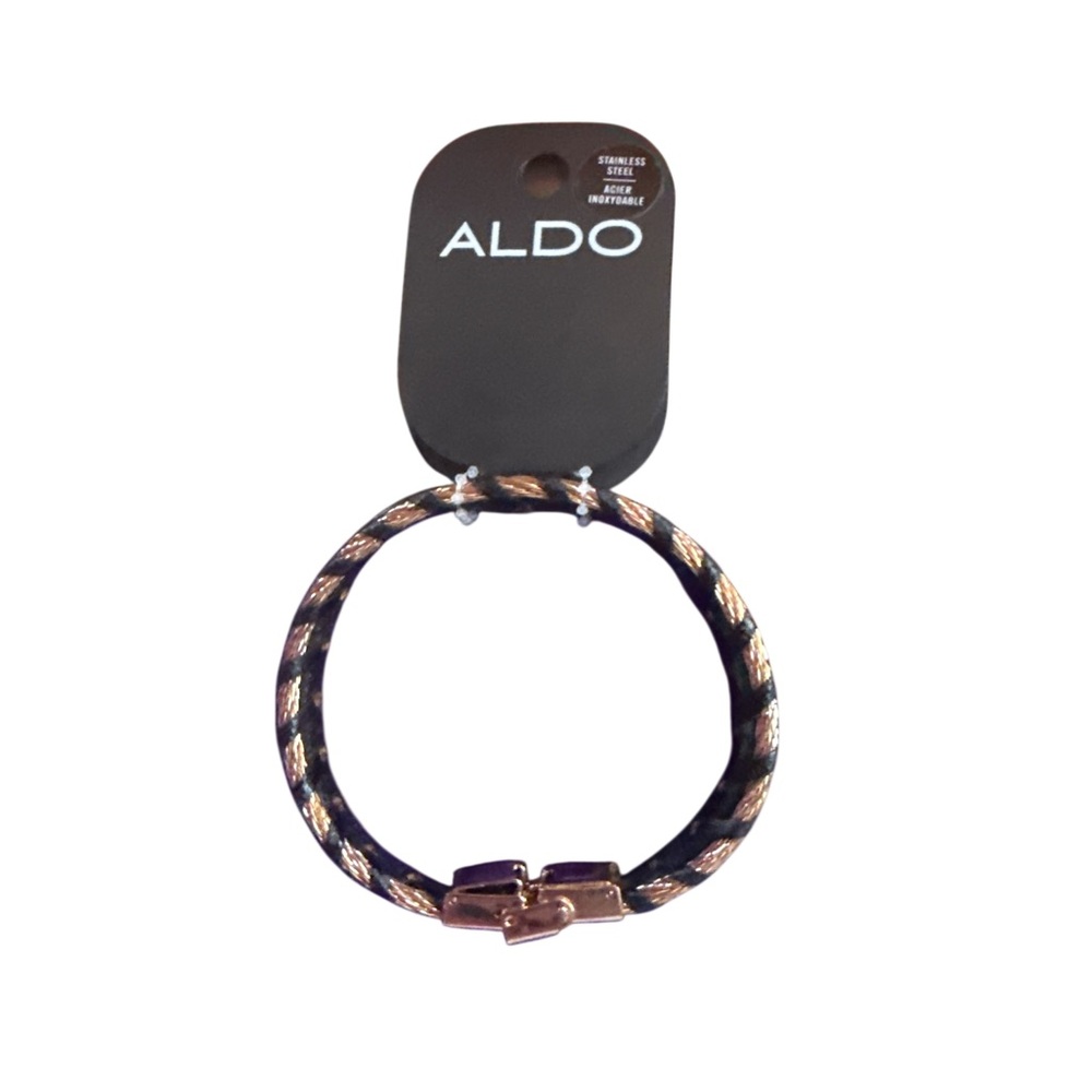NWT Stainless Steel & faux leather ALDO Black and Gold Bracelet 8 3/4” Mens
